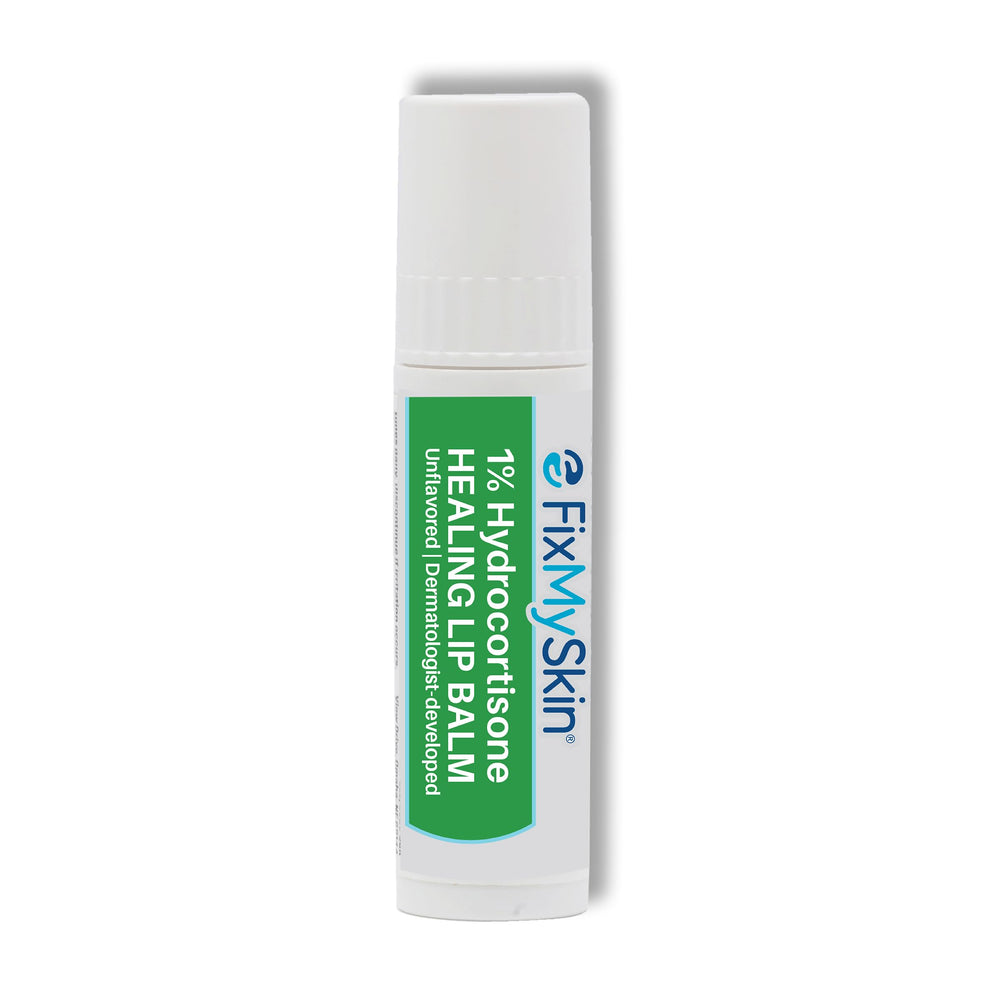 FixMySkin lip balm tube with 1% hydrocortisone for on-the-go lip relief.