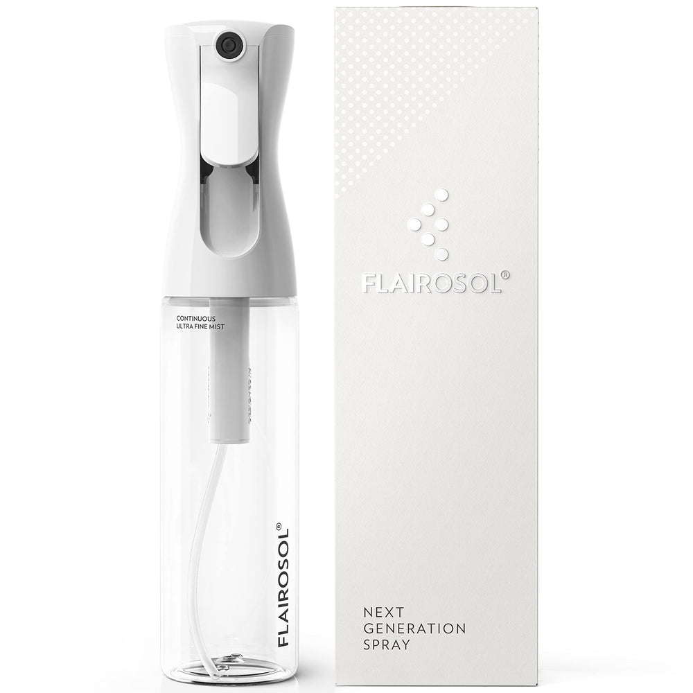 La bouteille FLAIROSOL montre une brume fine et continue adaptée aux cheveux.