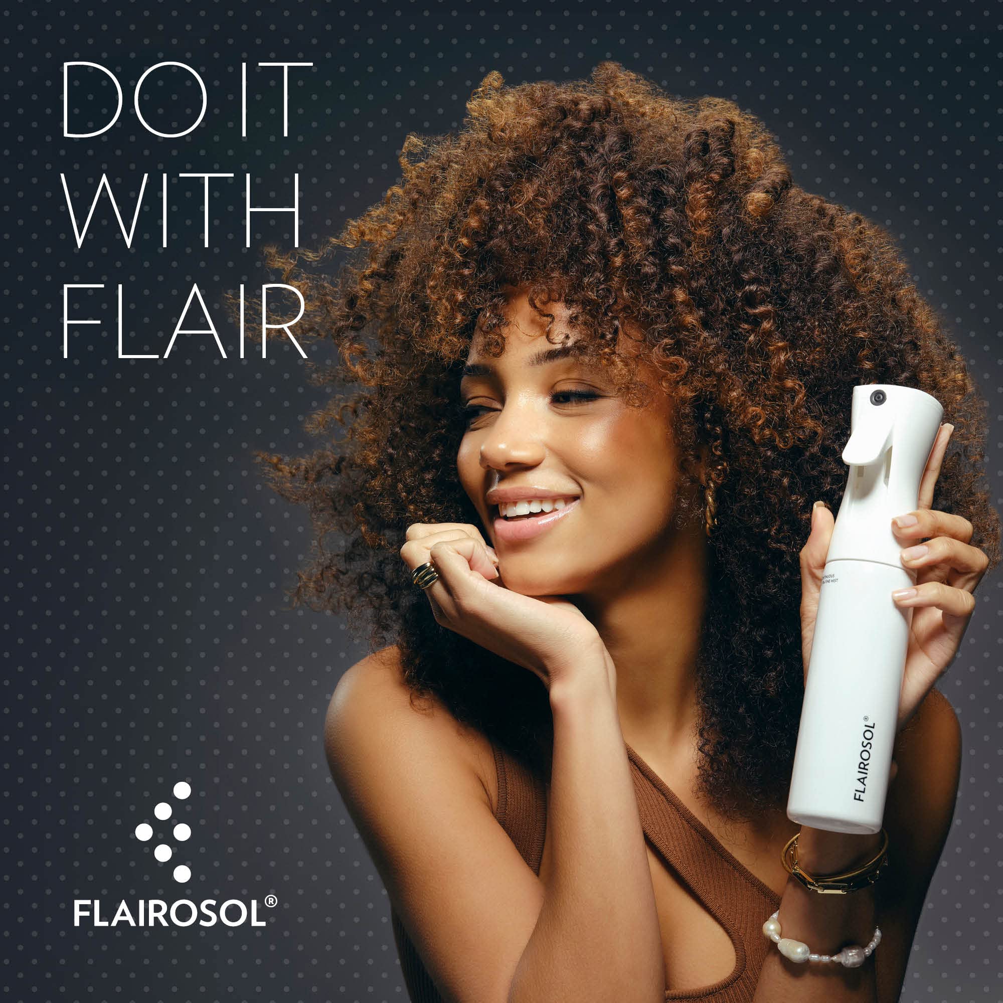 Bouteille en verre clair FLAIROSOL avec impression noire pour un look élégant.