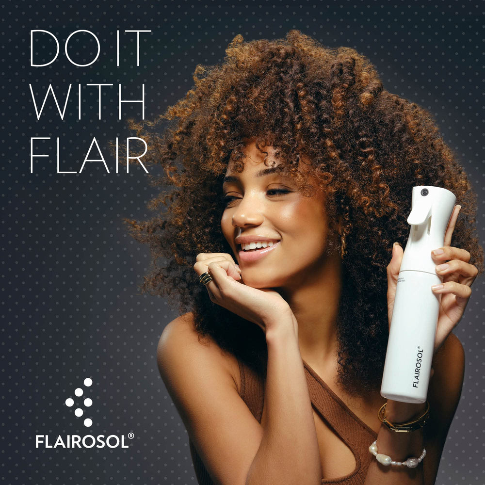 Bouteille en verre clair FLAIROSOL avec impression noire pour un look élégant.