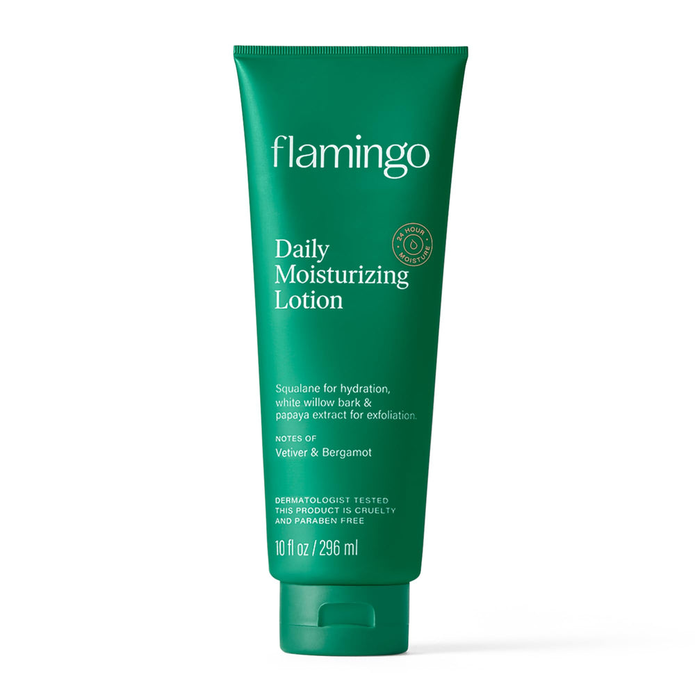 Flamingo Lotion Quotidienne – bouteille montrant l'hydratation durable jusqu'à 24 heures.