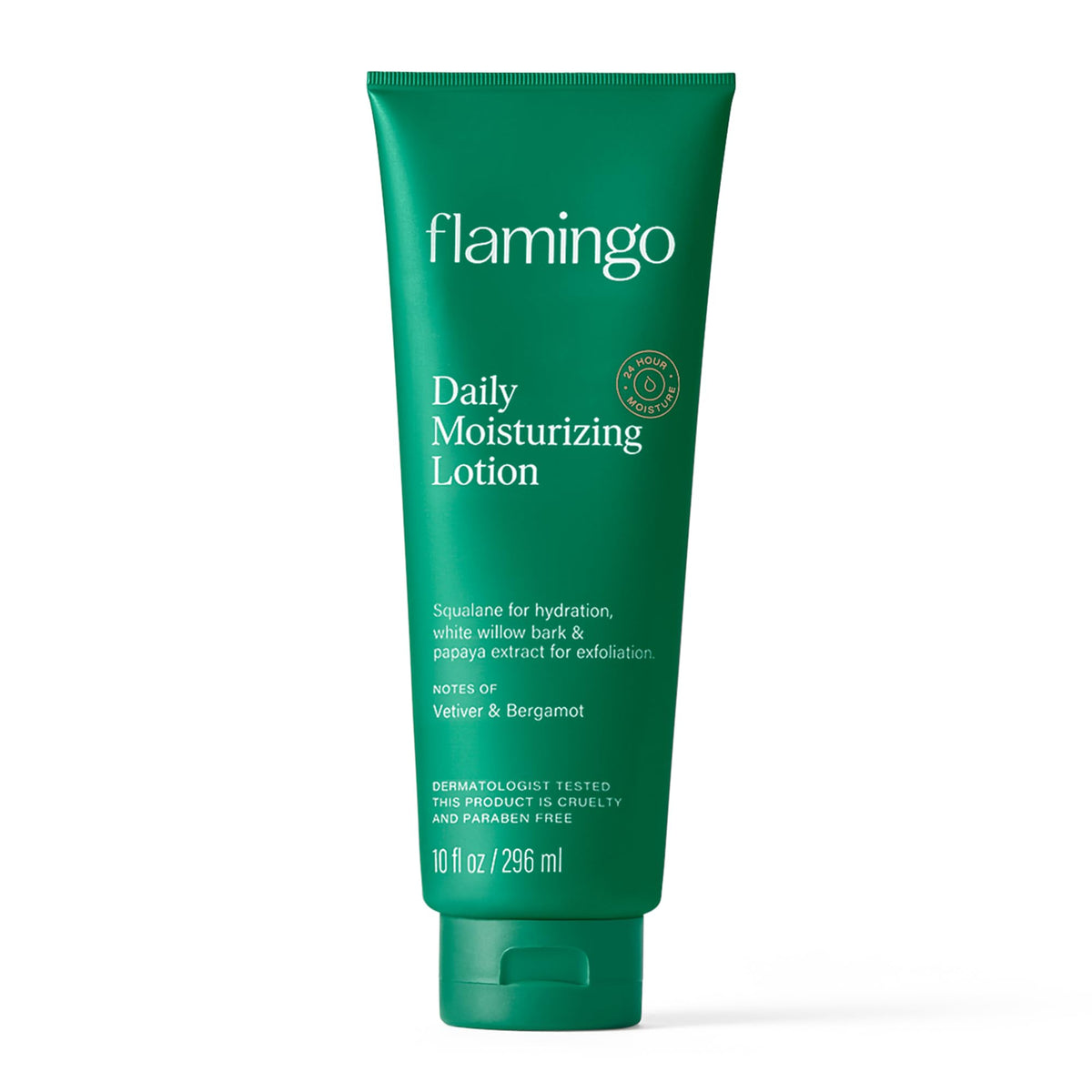 Flamingo Lotion Quotidienne – bouteille montrant l'hydratation durable jusqu'à 24 heures.