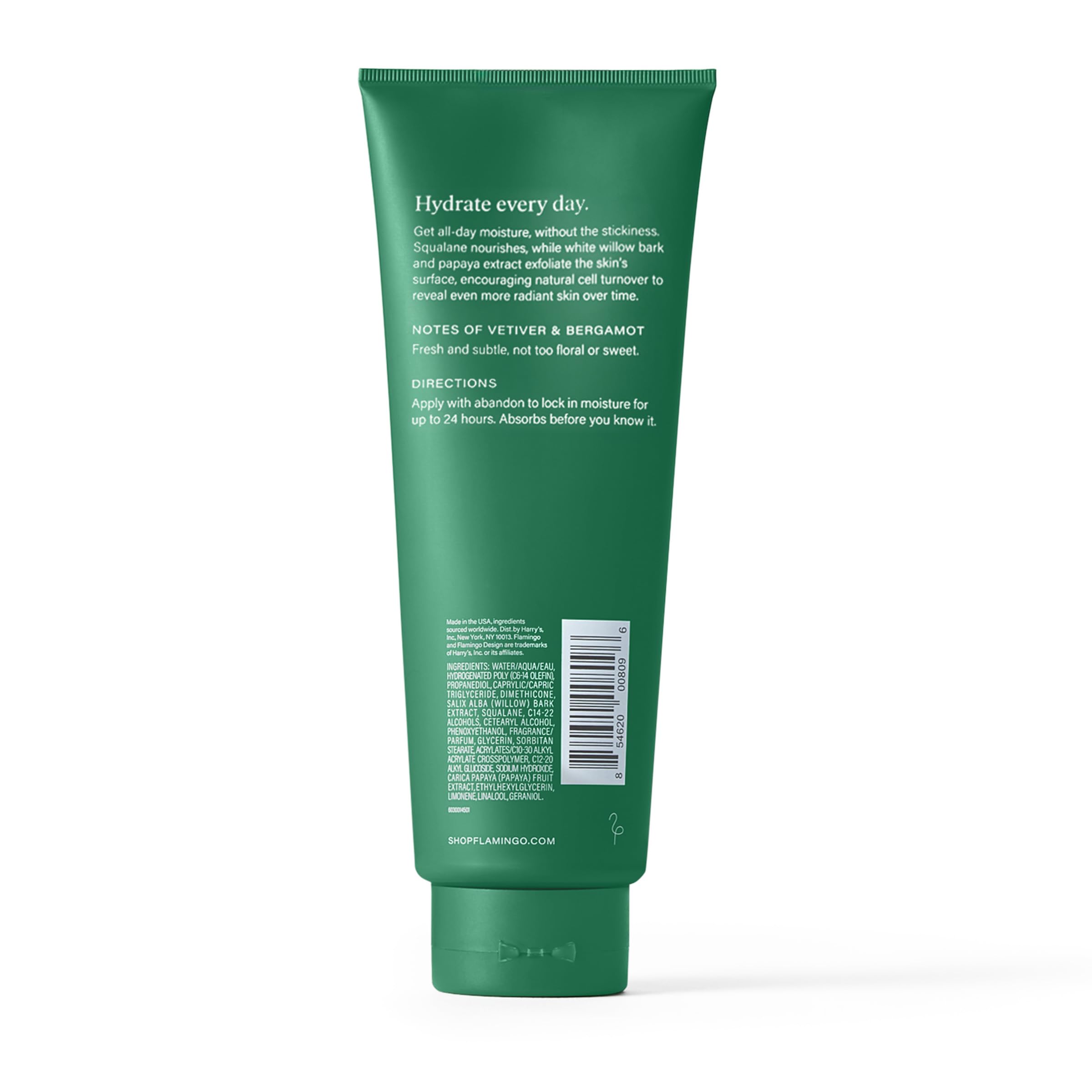 Étiquette Flamingo Lotion Quotidienne indiquant parfum subtil et soin doux.