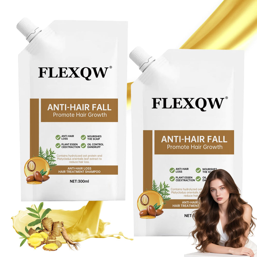 FLEXQW shampoing anti-chute, bouteille mise en avant, promesse cuir chevelu sain et cheveux plus forts.