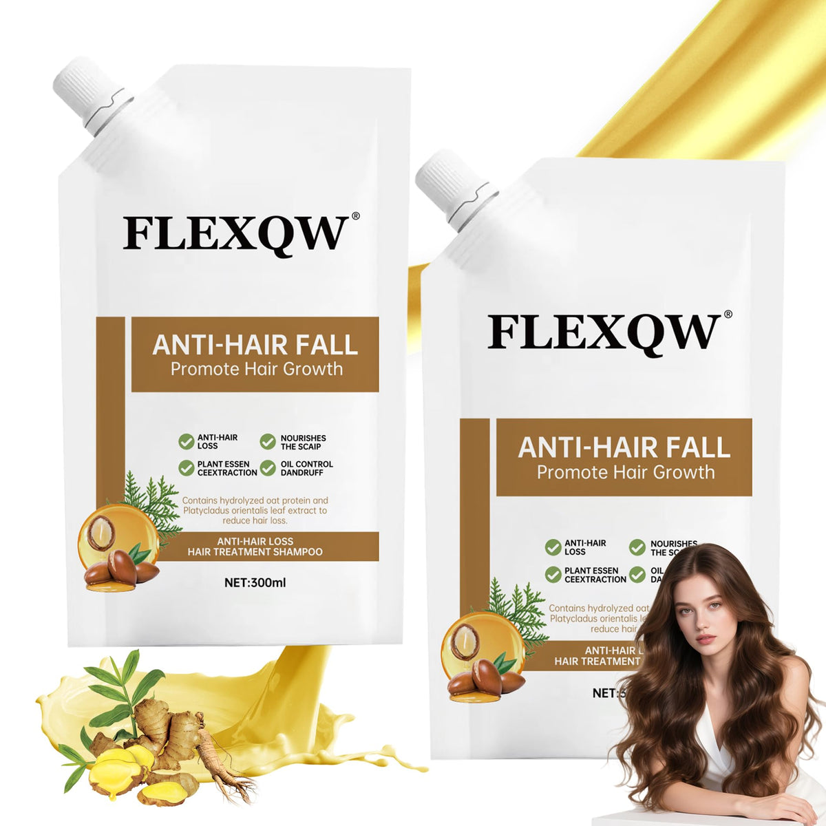 FLEXQW shampoing anti-chute, bouteille mise en avant, promesse cuir chevelu sain et cheveux plus forts.
