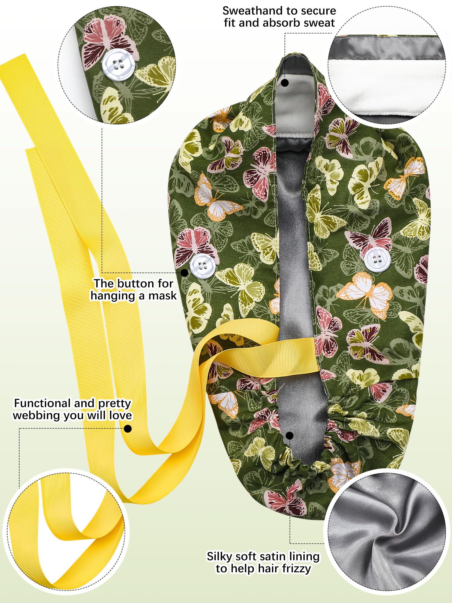Floraltop bonnet satin, protection capillaire et absorption de la sueur lors des quarts.