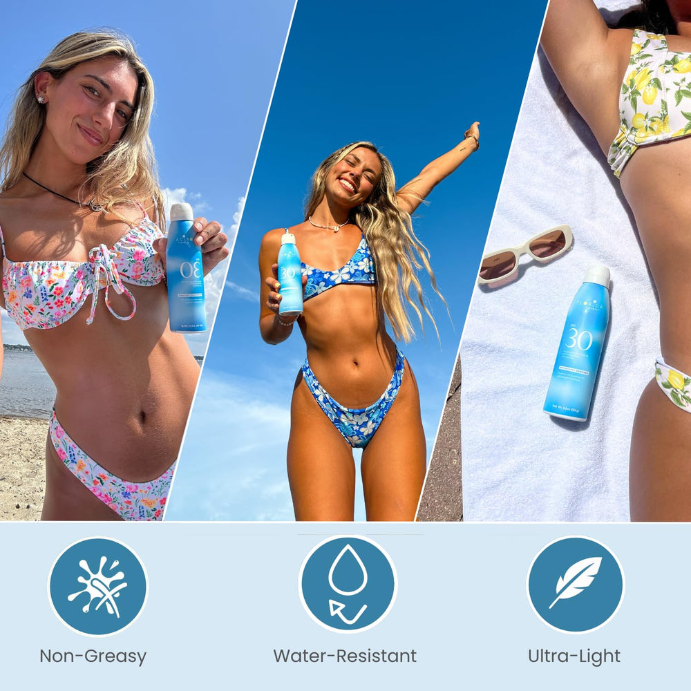 Florida Glow SPF 50 Spray – ingrédients coco et vitamine E hydratants.
