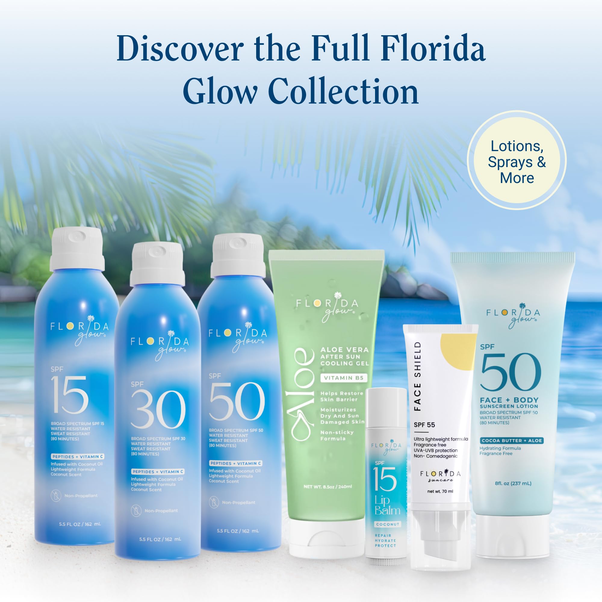 Florida Glow SPF 50 Spray – résistance à l'eau jusqu'à 80 minutes.