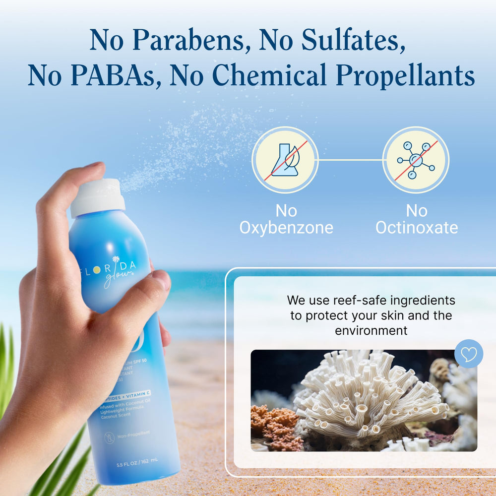 Florida Glow SPF 50 Spray – sans-propulseurs, application facile.