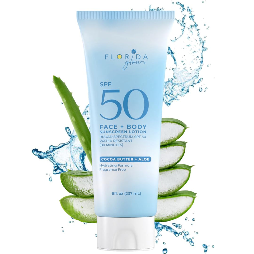 Florida Glow lotion solaire eau base SPF50, protection longue durée pour visage et corps.