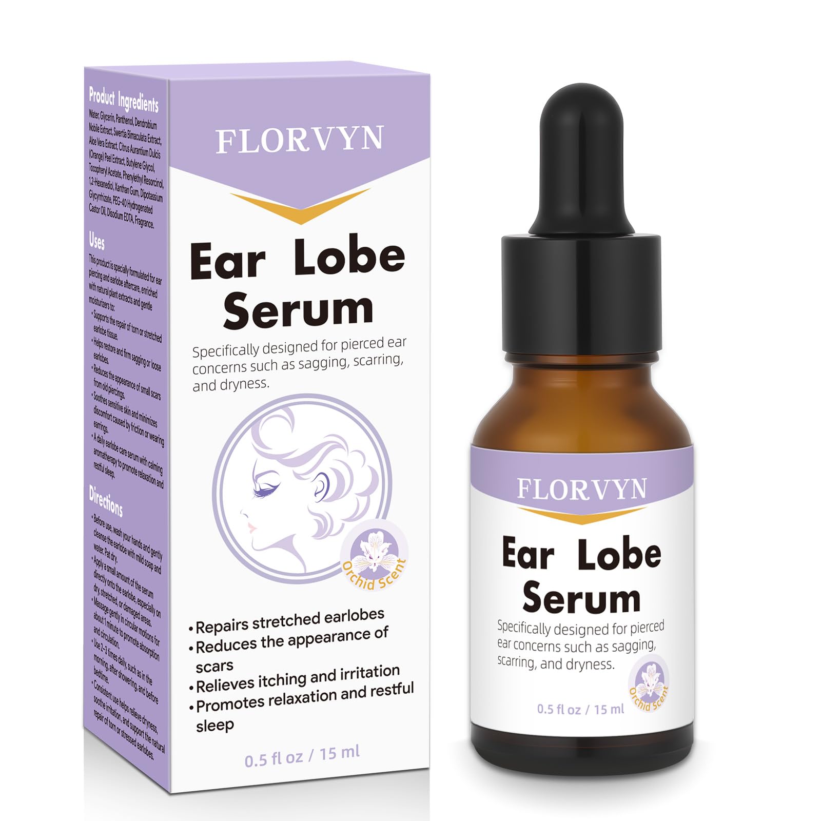 Sérum réparateur Florvyn appliqué sur le lobe, améliore l’élasticité