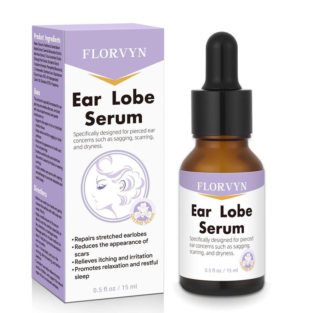 Sérum réparateur Florvyn appliqué sur le lobe, améliore l’élasticité