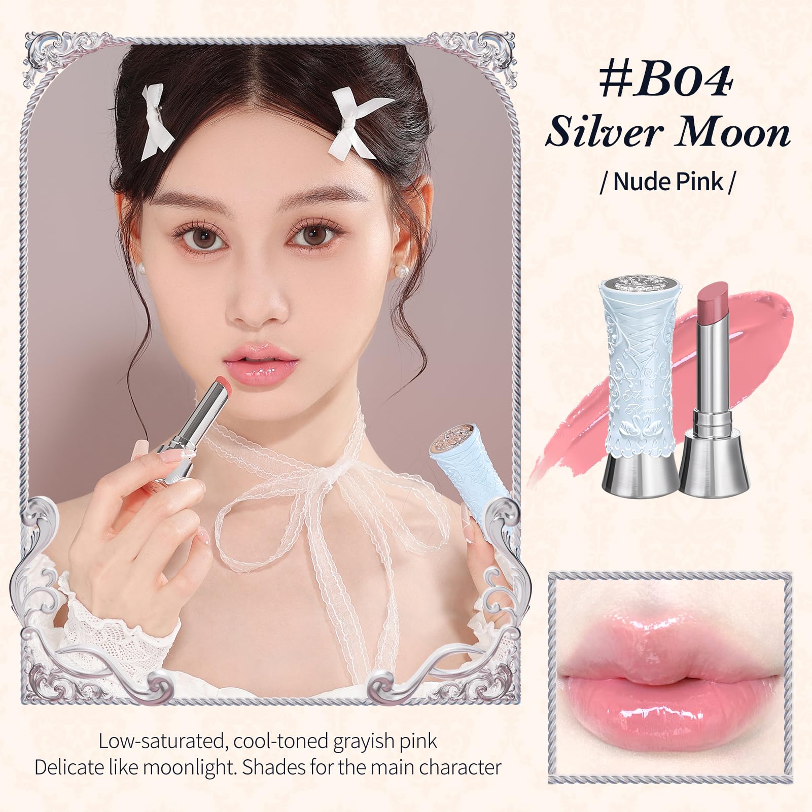 Flower Knows Swan Ballet Rouge – teinte rose bébé argenté Silver Moon pour un look doux.