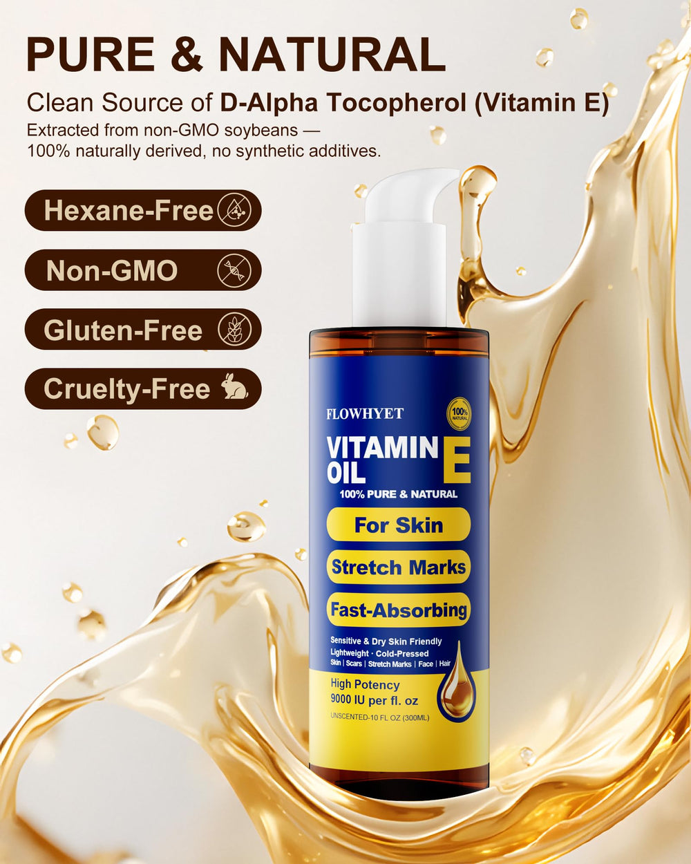 FLOWHYET huile vitamine E absorption légère et non grasse après douche.