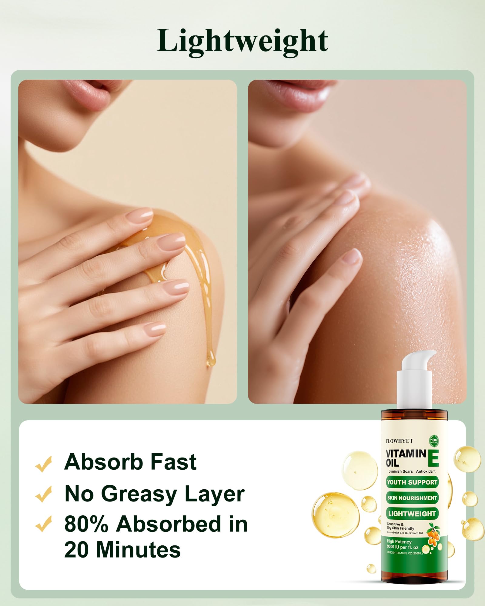 FLOWHYET huile vitamine E pour visage et peau, hydratation durable.