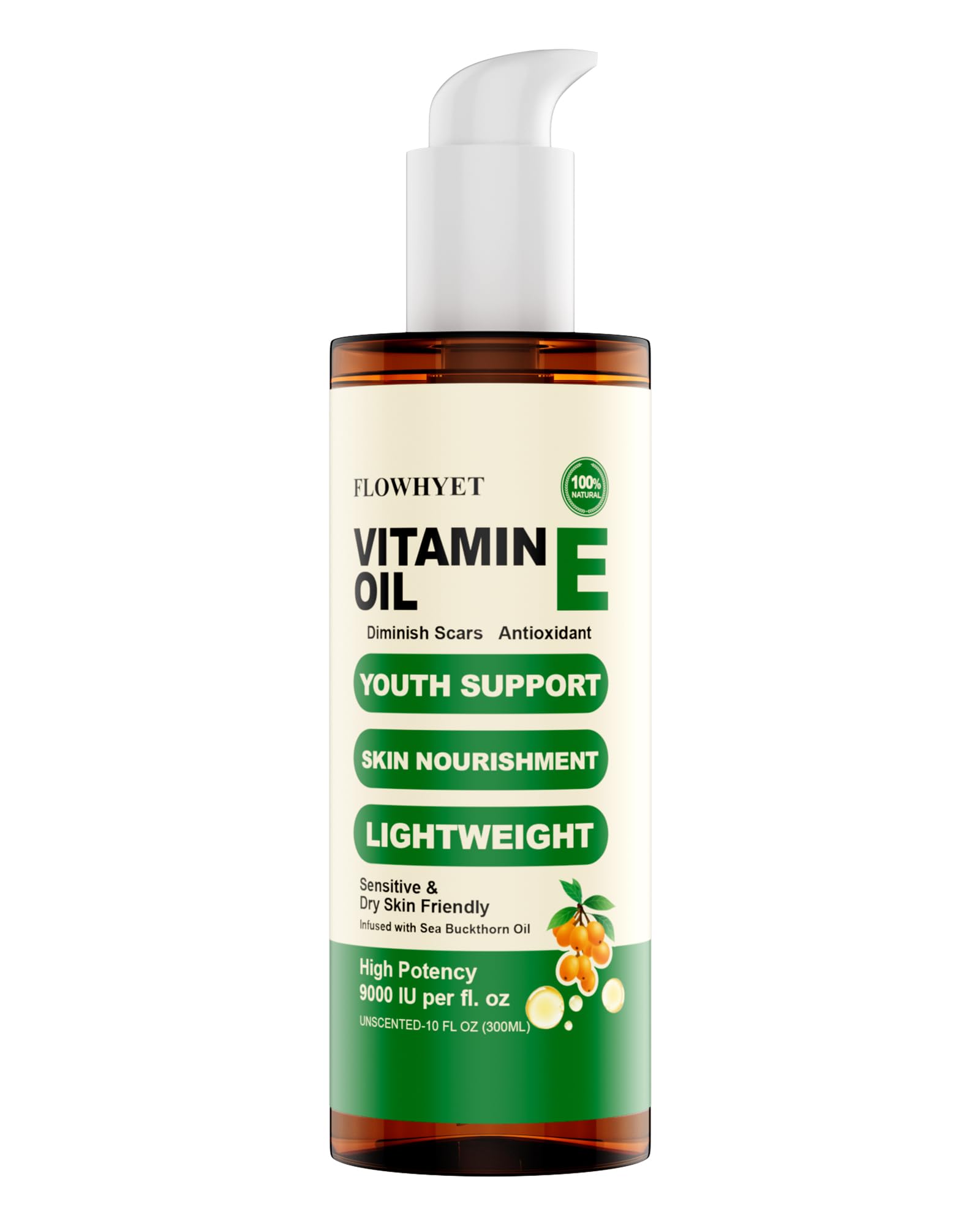 FLOWHYET huile vitamine E bouteille 300ml, absorption rapide pour le visage.