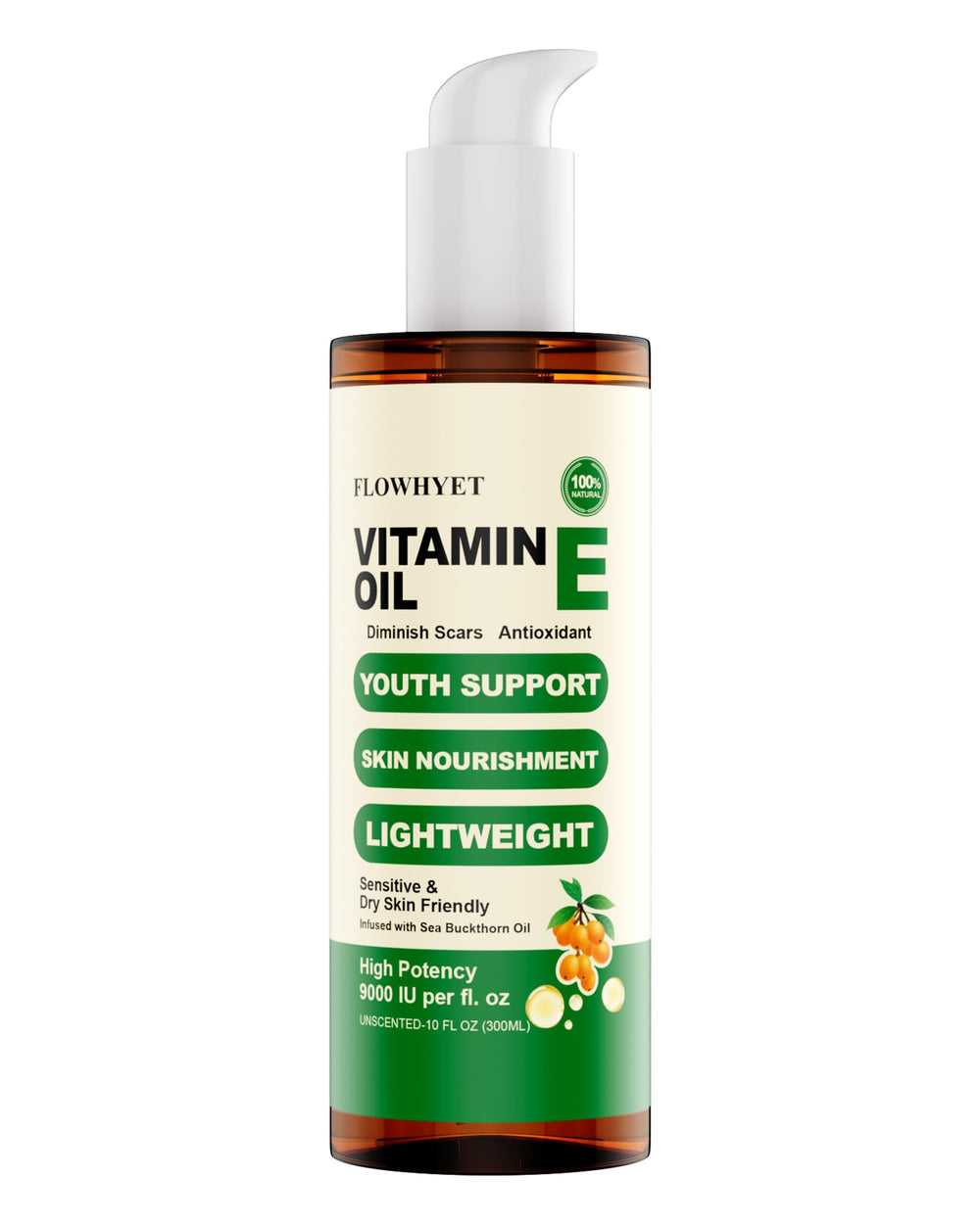 FLOWHYET huile vitamine E bouteille 300ml, absorption rapide pour le visage.