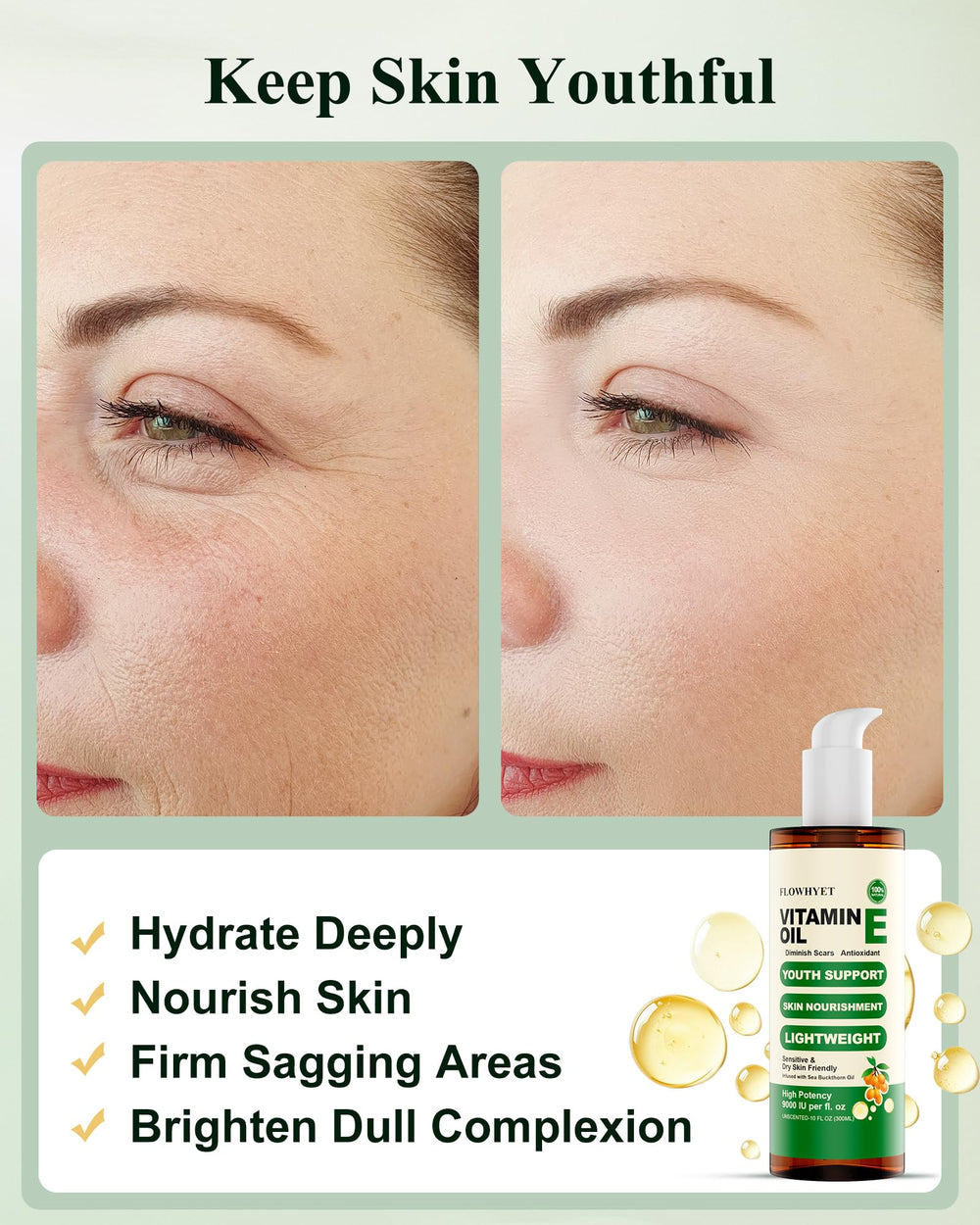 FLOWHYET huile vitamine E pour corps, douceur et nutrition cutanée.
