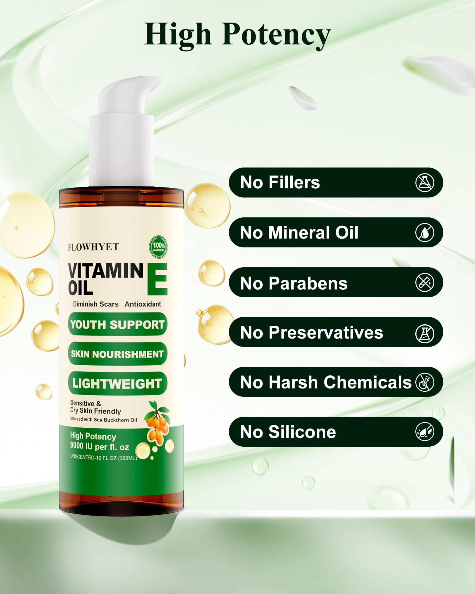 FLOWHYET huile vitamine E pour cicatrices et marques légères.