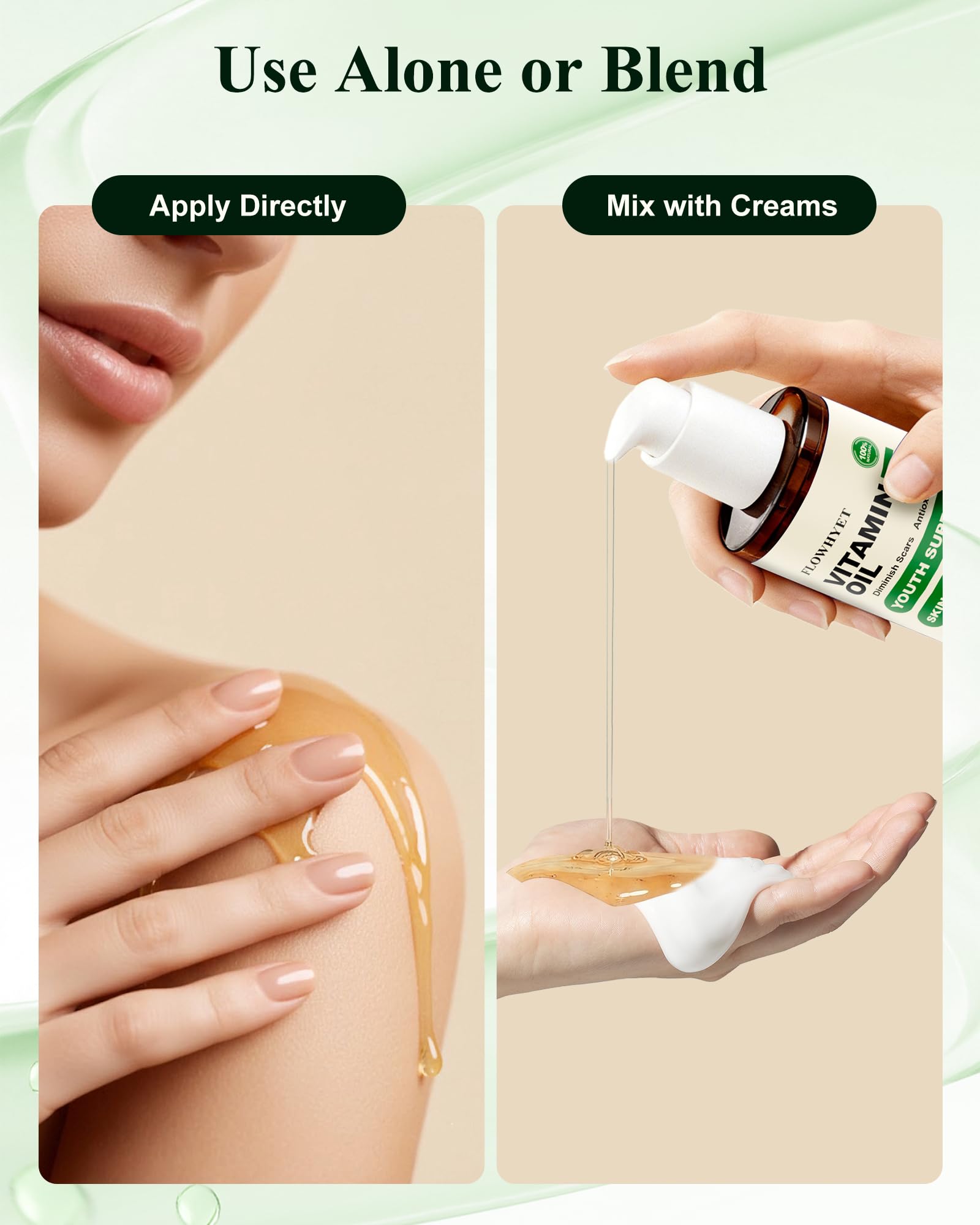 FLOWHYET huile vitamine E usage quotidien, soin polyvalent visage corps cheveux.