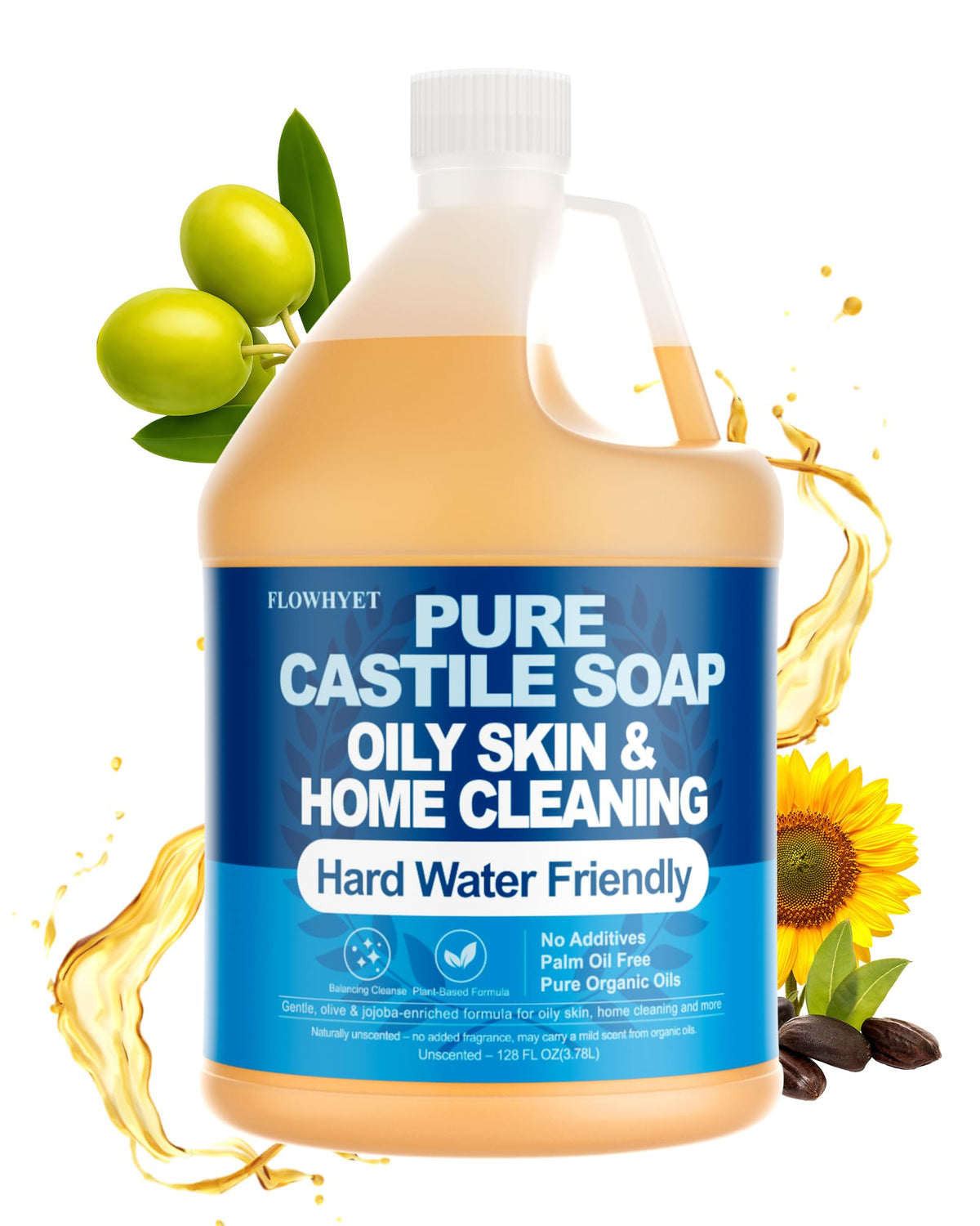 FLOWHYET Savon Castille Pur 1 gal, bouteille-pompe; nettoyage doux pour mains et peau sensible.