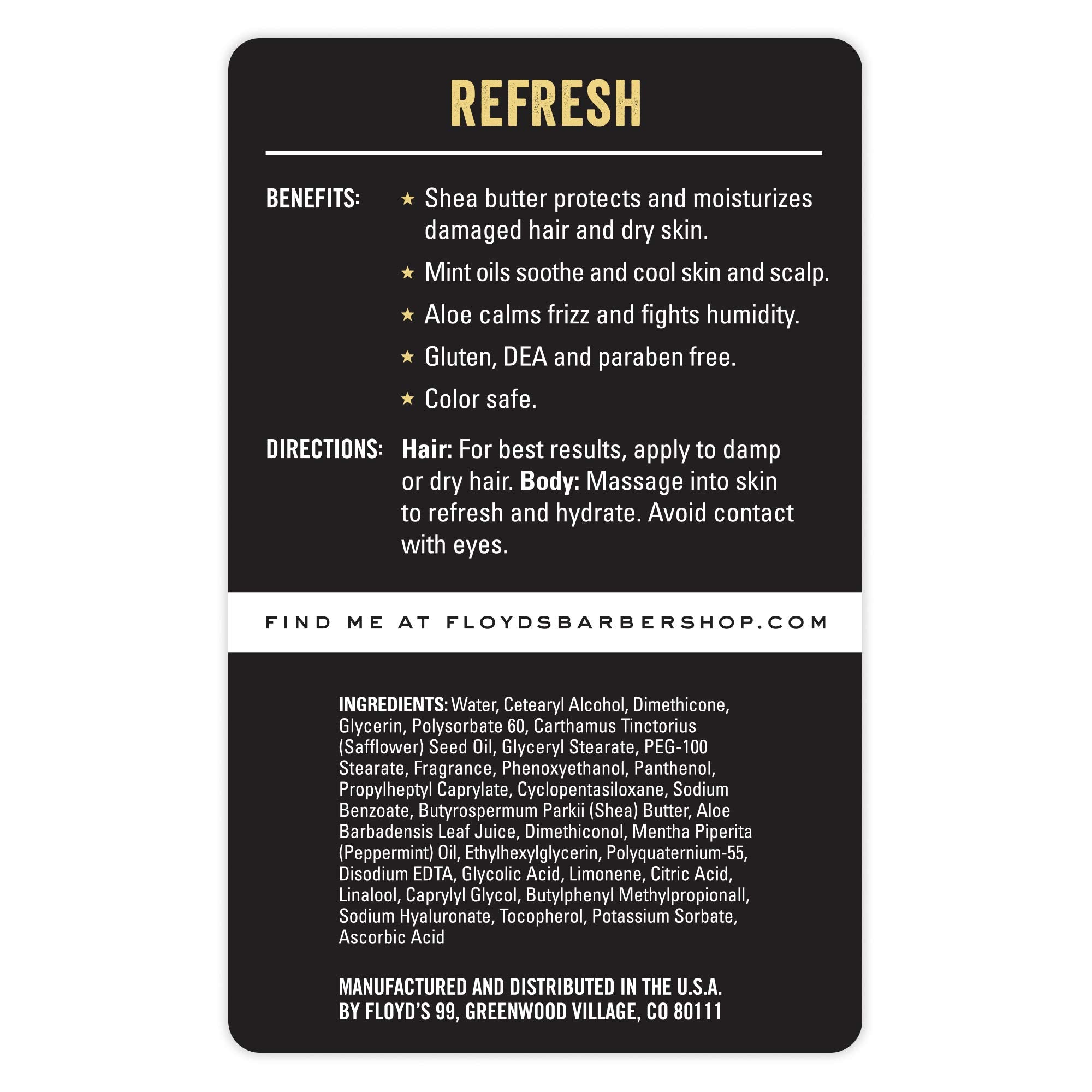 Floyd's 99 Refresh conditioner texture shows mint cooling for scalp comfort.