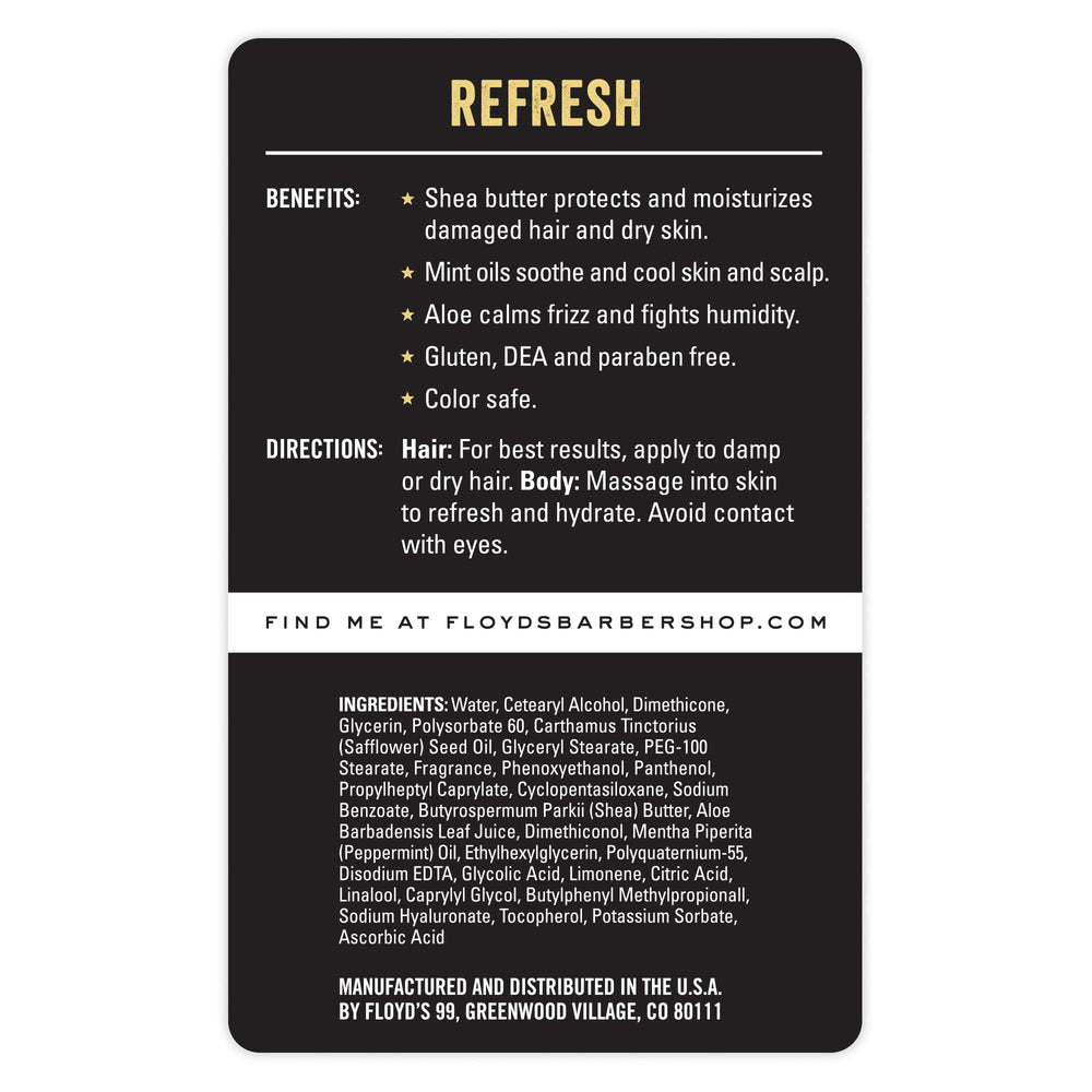 Floyd's 99 Refresh conditioner texture shows mint cooling for scalp comfort.