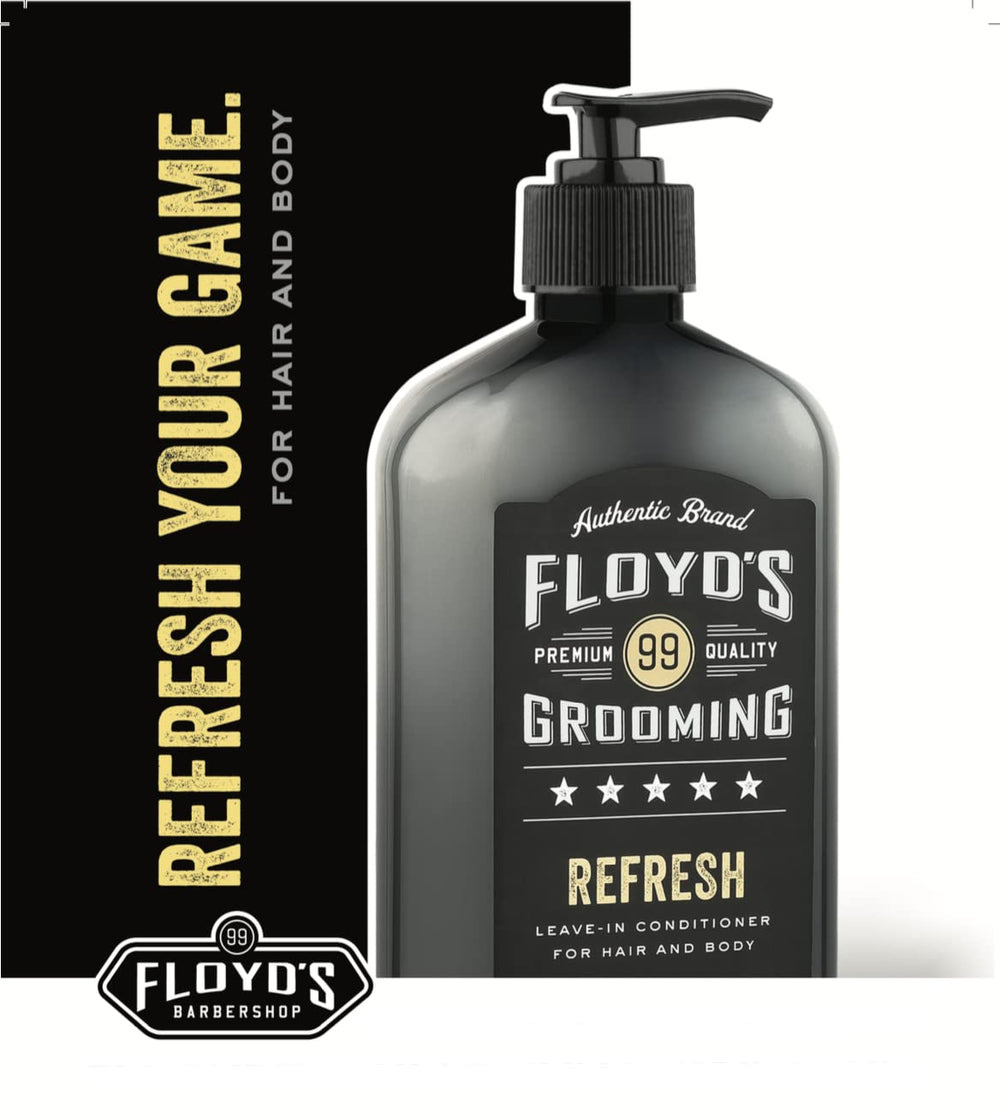 Floyd's 99 Refresh mint-cooling close-up highlights moisturizing, easy grooming.