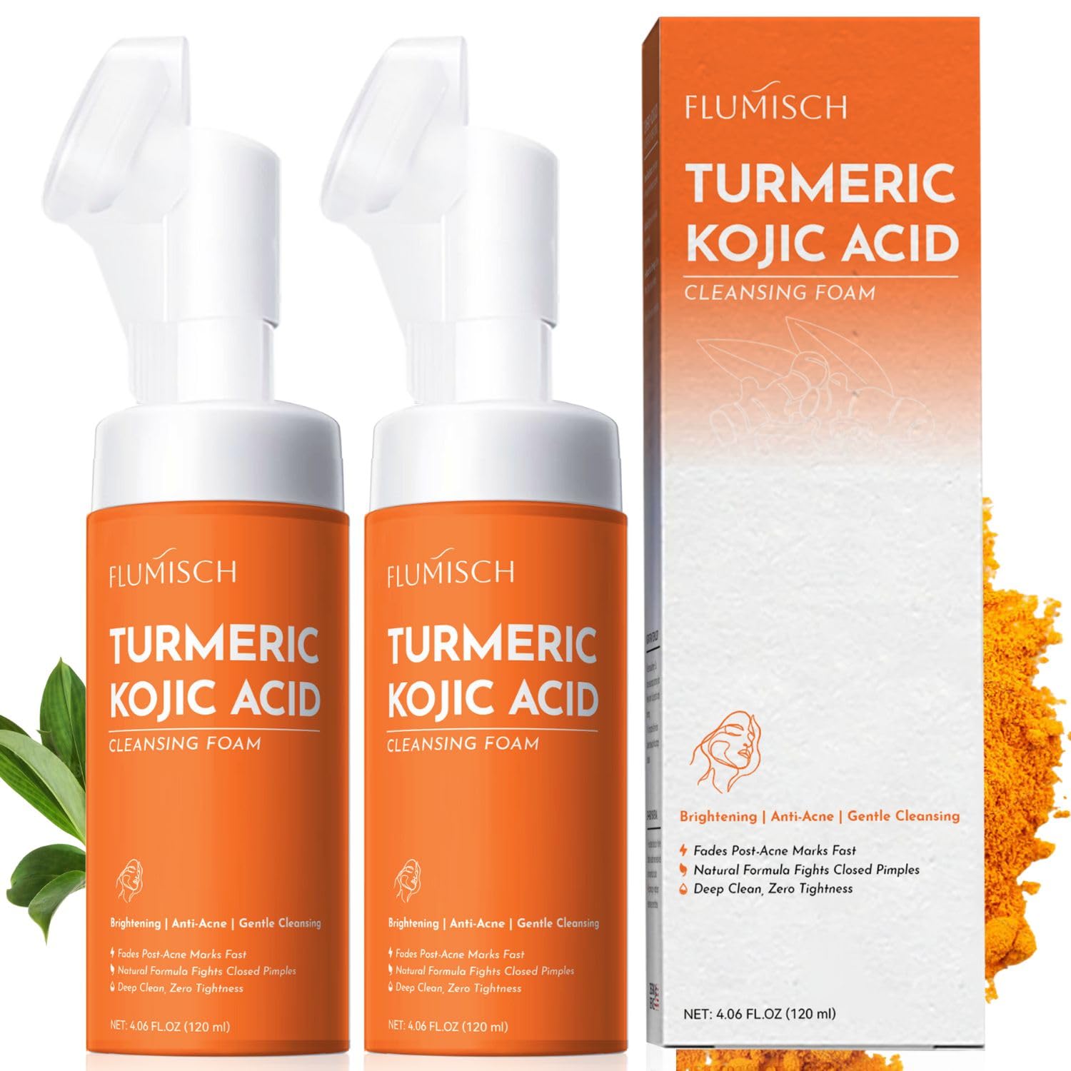 FluMisch nettoyant moussant curcuma acide kojique avec brosse pour peau lumineuse.