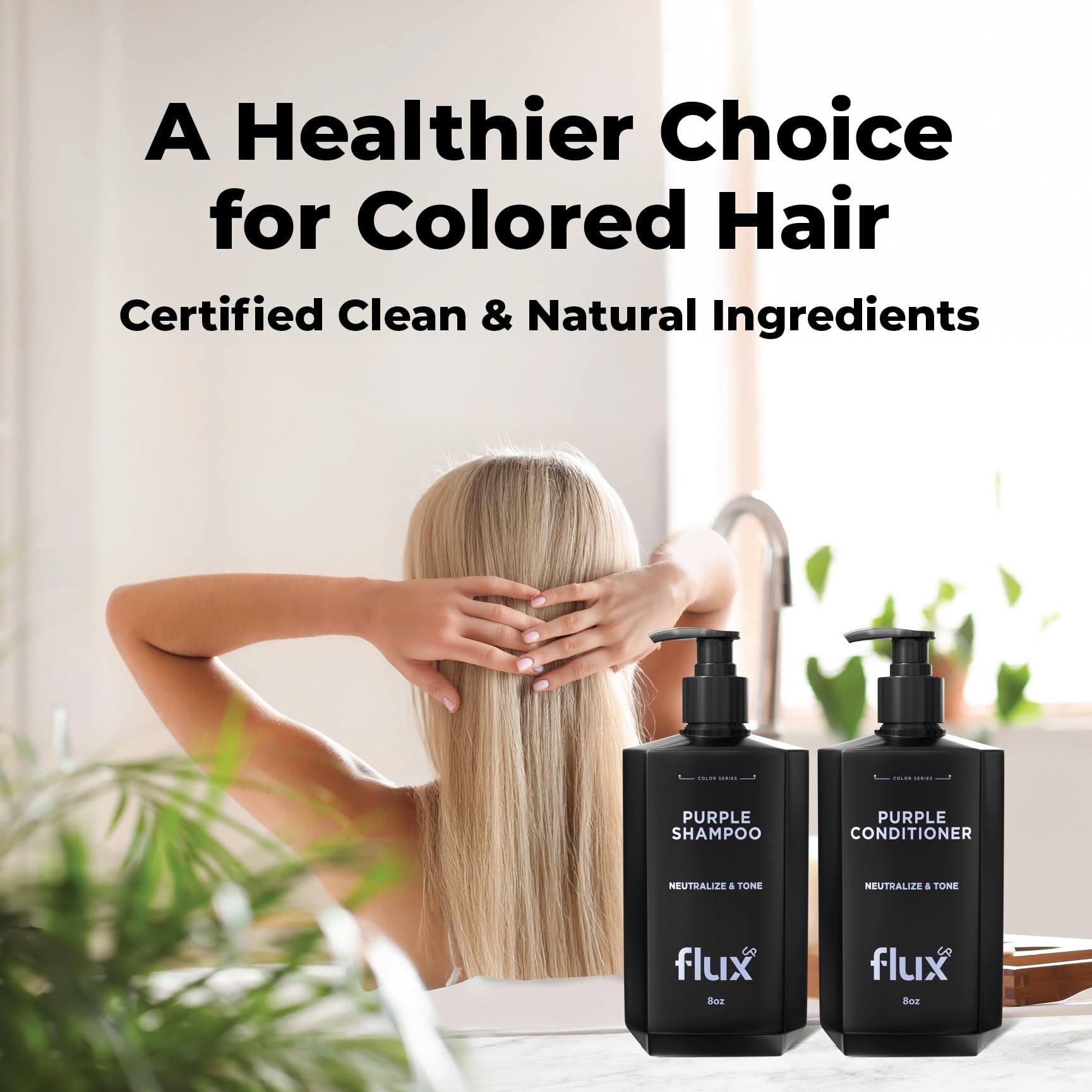 Product on bathroom shelf with a cool-toned hair swatch using Flux Up