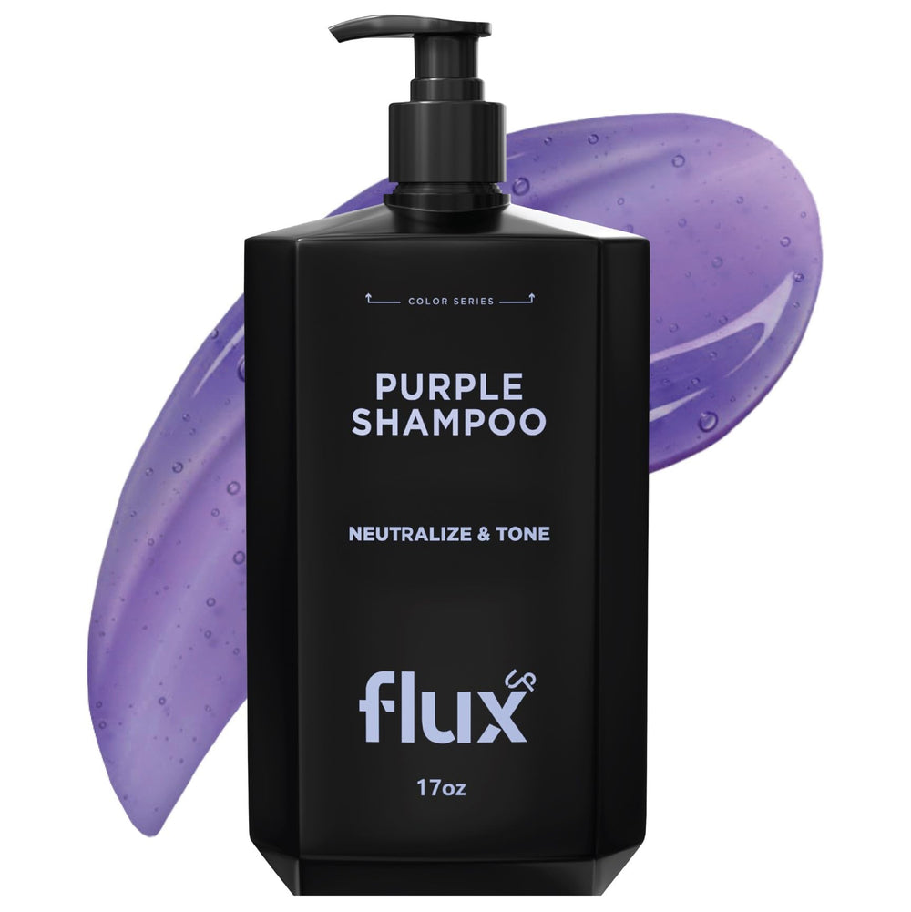 FLUX UP Shampoing violet, bouteille, neutralise les reflets jaunes des cheveux blonds.
