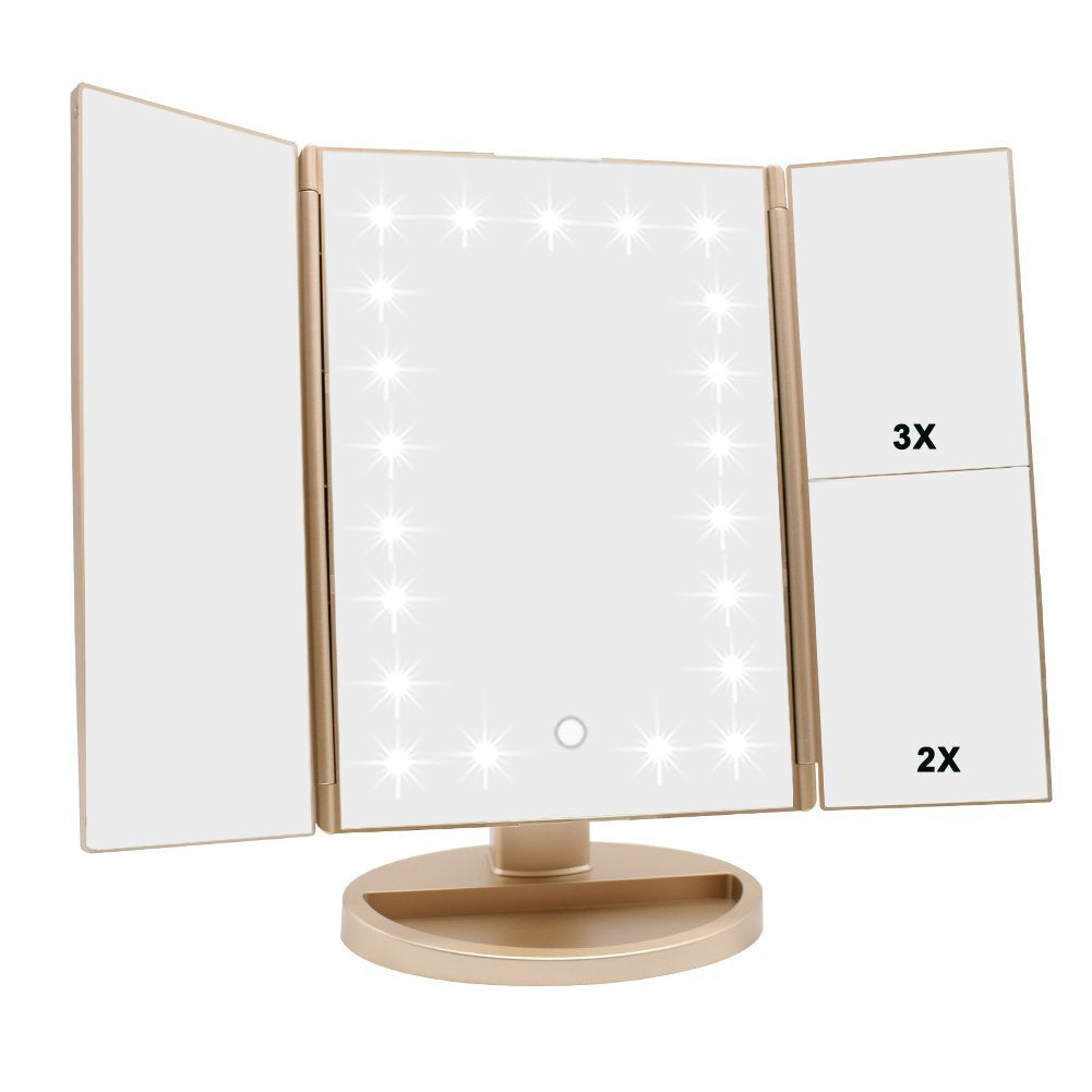Flymiro Miroir à trois volets lumineux pour un maquillage précis grâce à l’éclairage intégré.