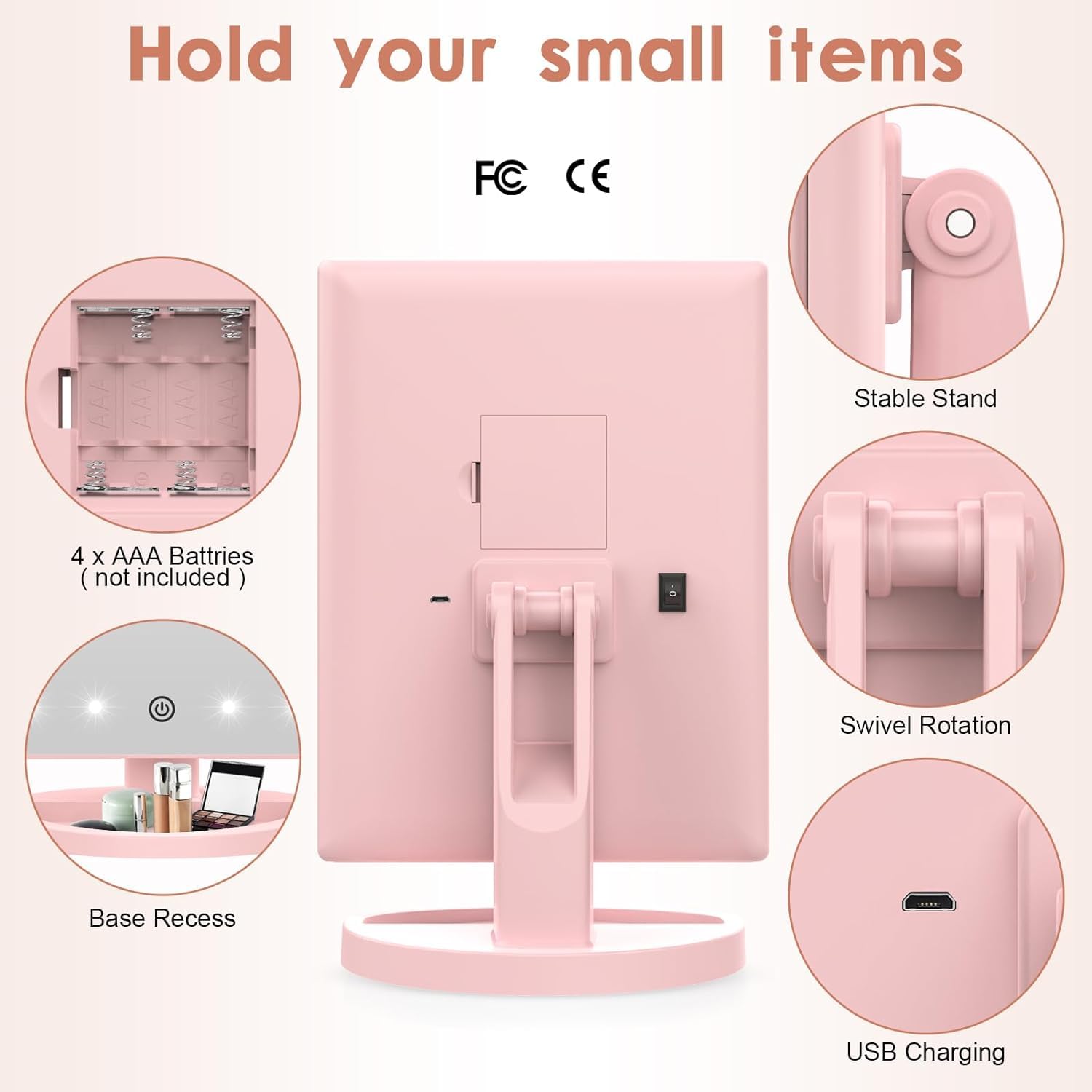 Flymiro Miroir LED, alimentation USB ou piles, pratique en voyage.
