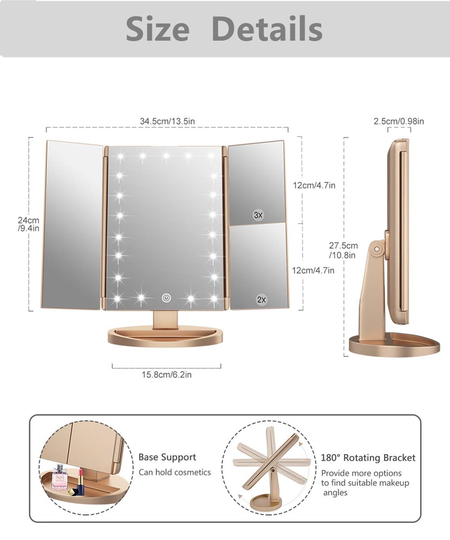 Flymiro Miroir avec grossissements 3x/2x/1x pour maquillage net et précis.