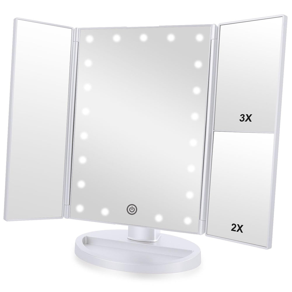 Flymiro miroir maquillage tri-fold éclairé avec 21 lampes LED pour un maquillage précis.