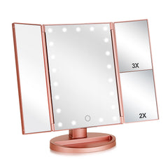 Flymiro Tri-fold miroir maquillage rose doré éclairé pour un maquillage précis.