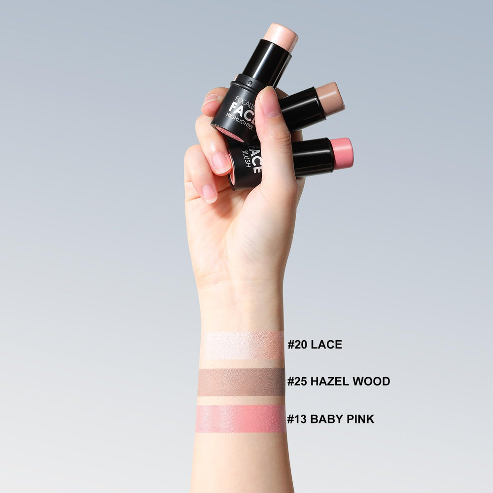 FOCALLURE contour stick application on skin demonstrates blendable rose blush for natural flush.