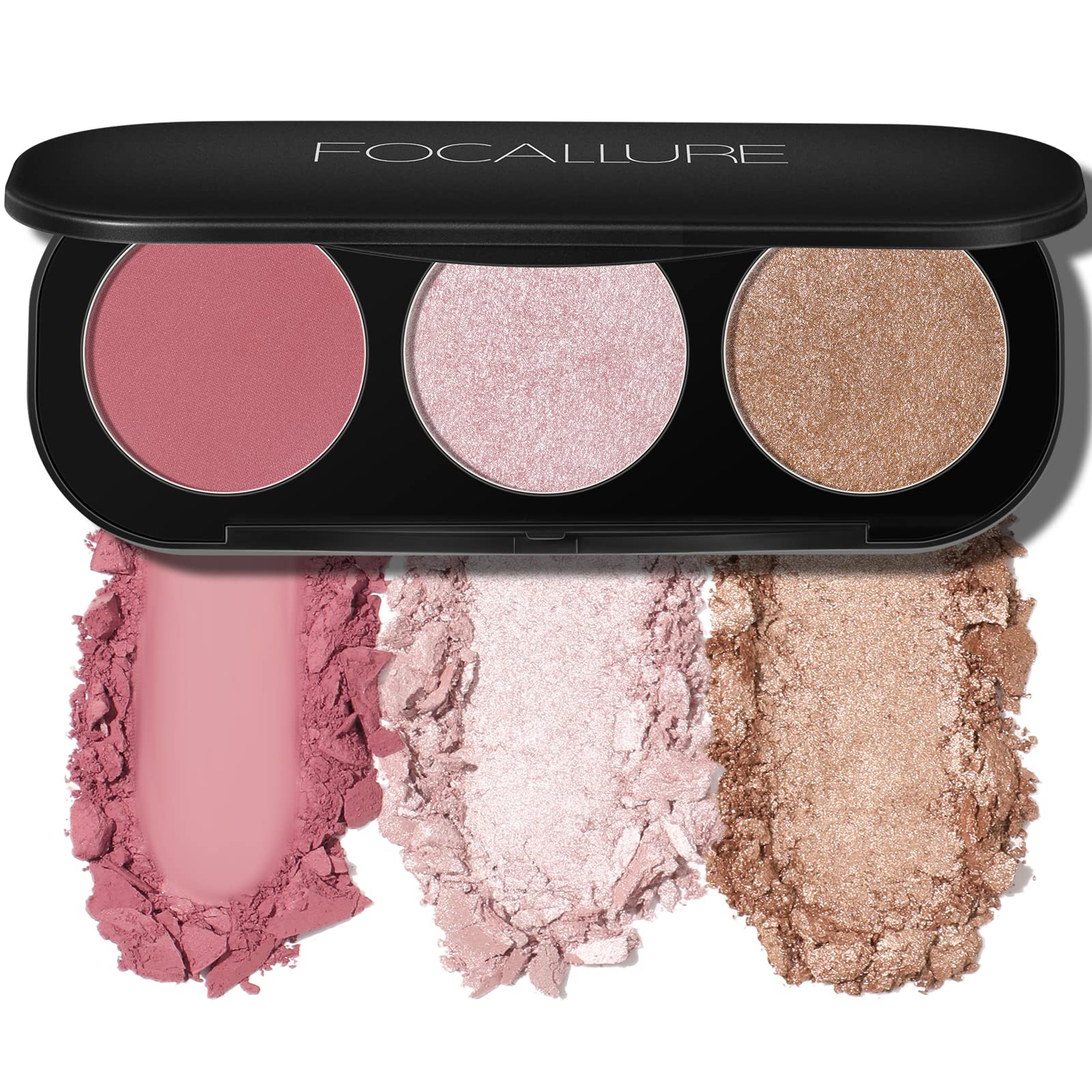 FOCALLURE palette 3 en 1 blush et illuminateur, fini mat pour un teint frais.