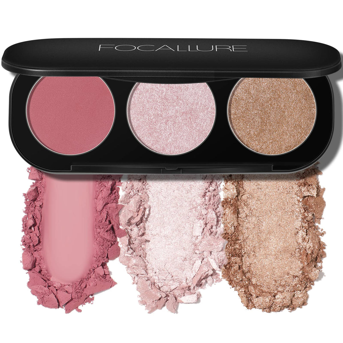 FOCALLURE palette 3 en 1 blush et illuminateur, fini mat pour un teint frais.
