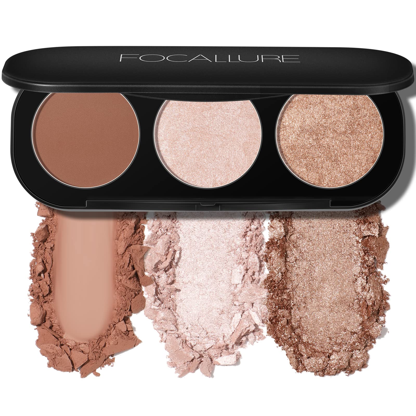 FOCALLURE palette 3 en 1 avec fard à joues et illuminateur pour un éclat durable.