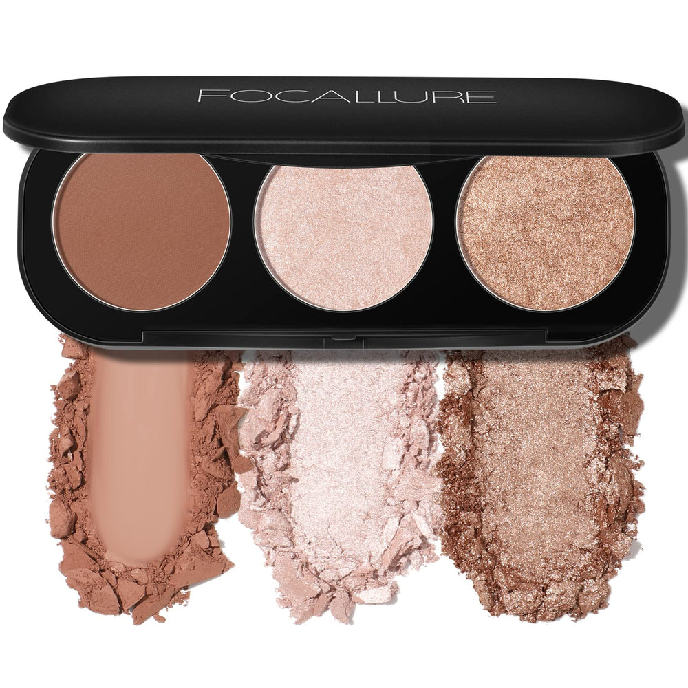FOCALLURE palette 3 en 1 avec fard à joues et illuminateur pour un éclat durable.