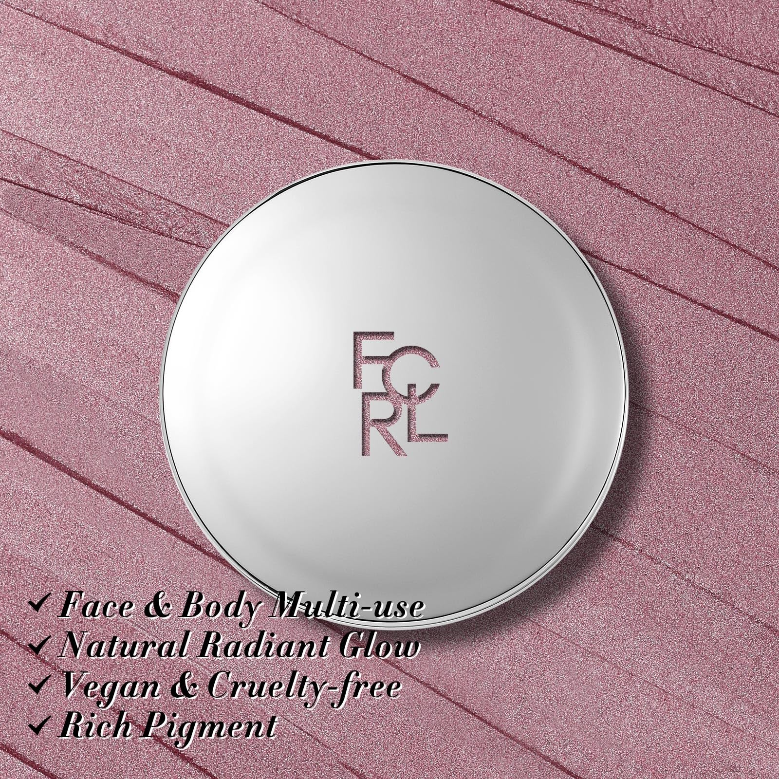FOCALLURE Shimmer Face Highlighter PK01 Rose Galaxy teinte rose éclatante et polyvalente.