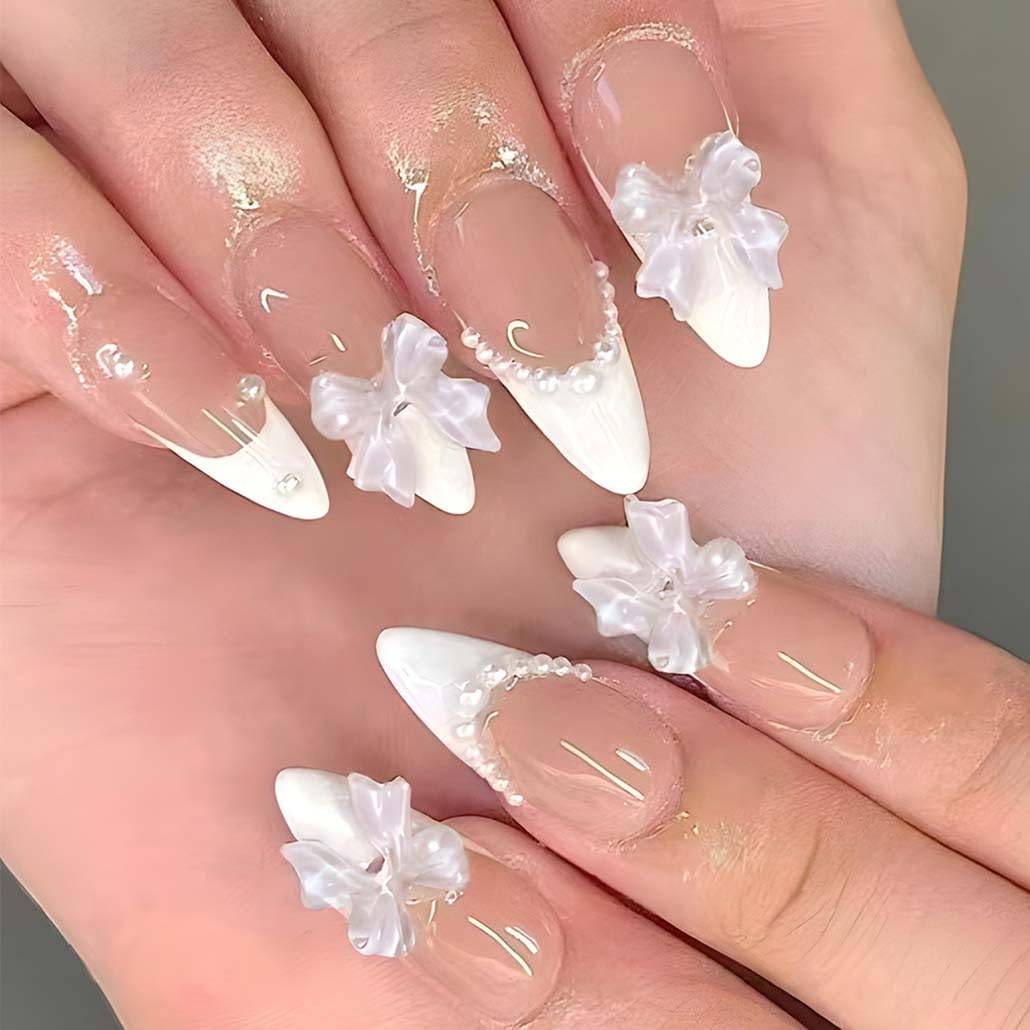 Ongles Foccna presse amande moyenne en perle blanche, effet brillant 3D