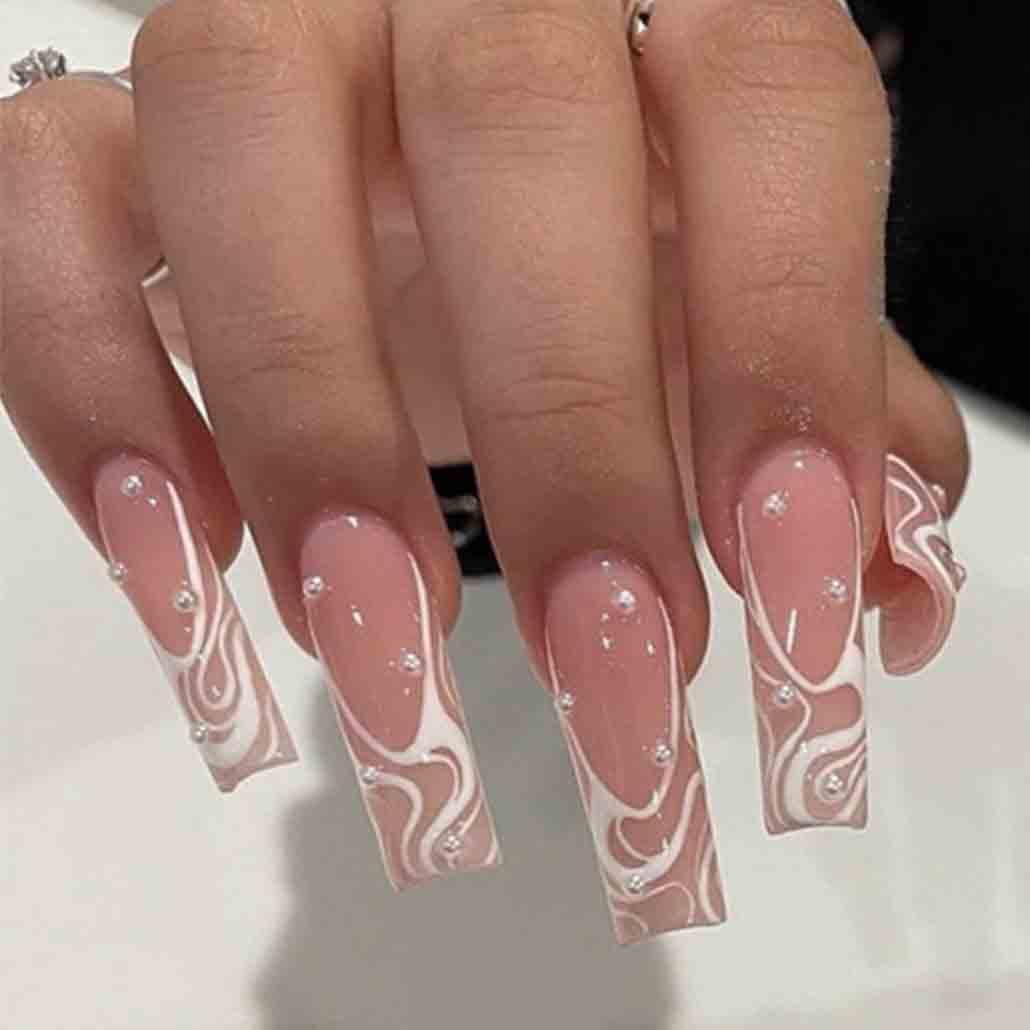 Ongles Foccna presse-carre long perle rose, fini brillant et durable.