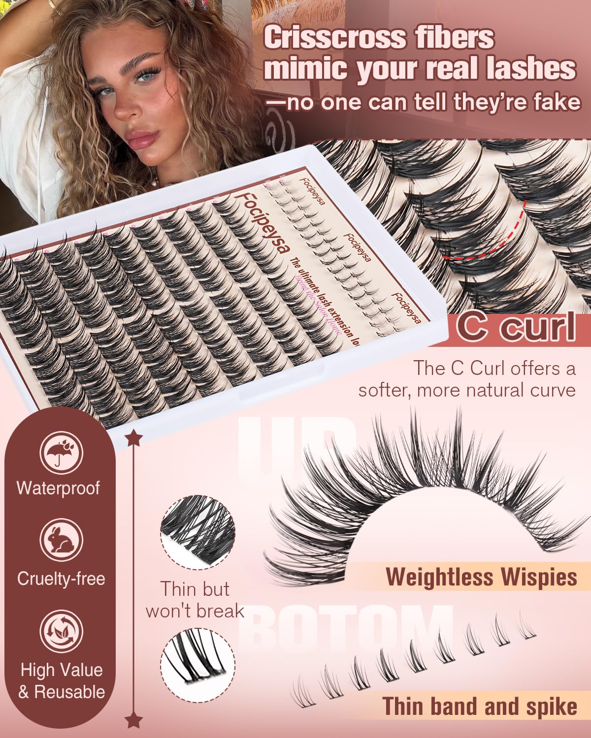 Focipeysa clusters-cils-wispy-resistants-eau : tenue fiable malgré l'humidité.