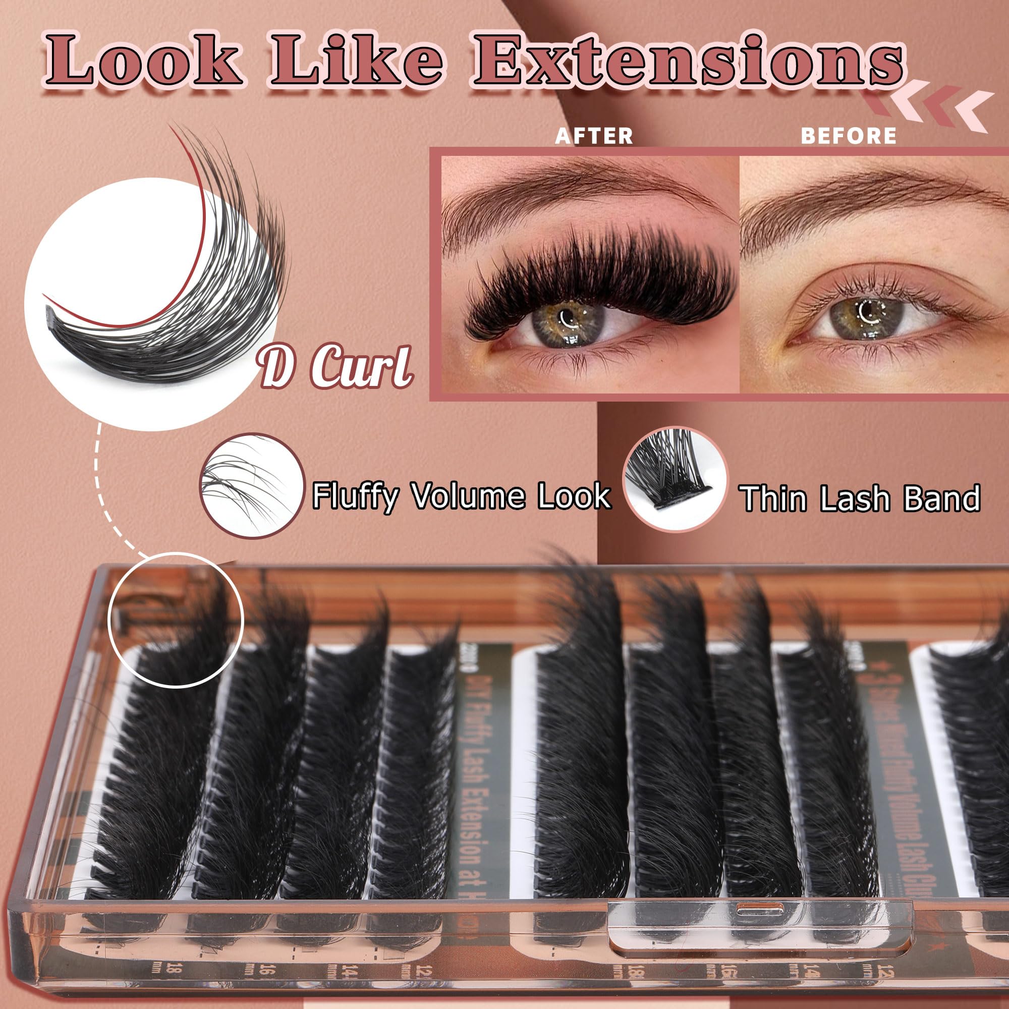 Focipeysa extension cils grappes 12-18mm noir mat, confort léger au porté.