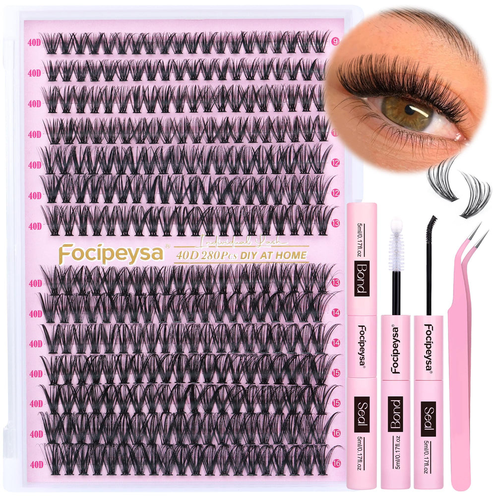 Focipeysa eyelash extension kit with 280 pieces 40D clusters for at home DIY glamour