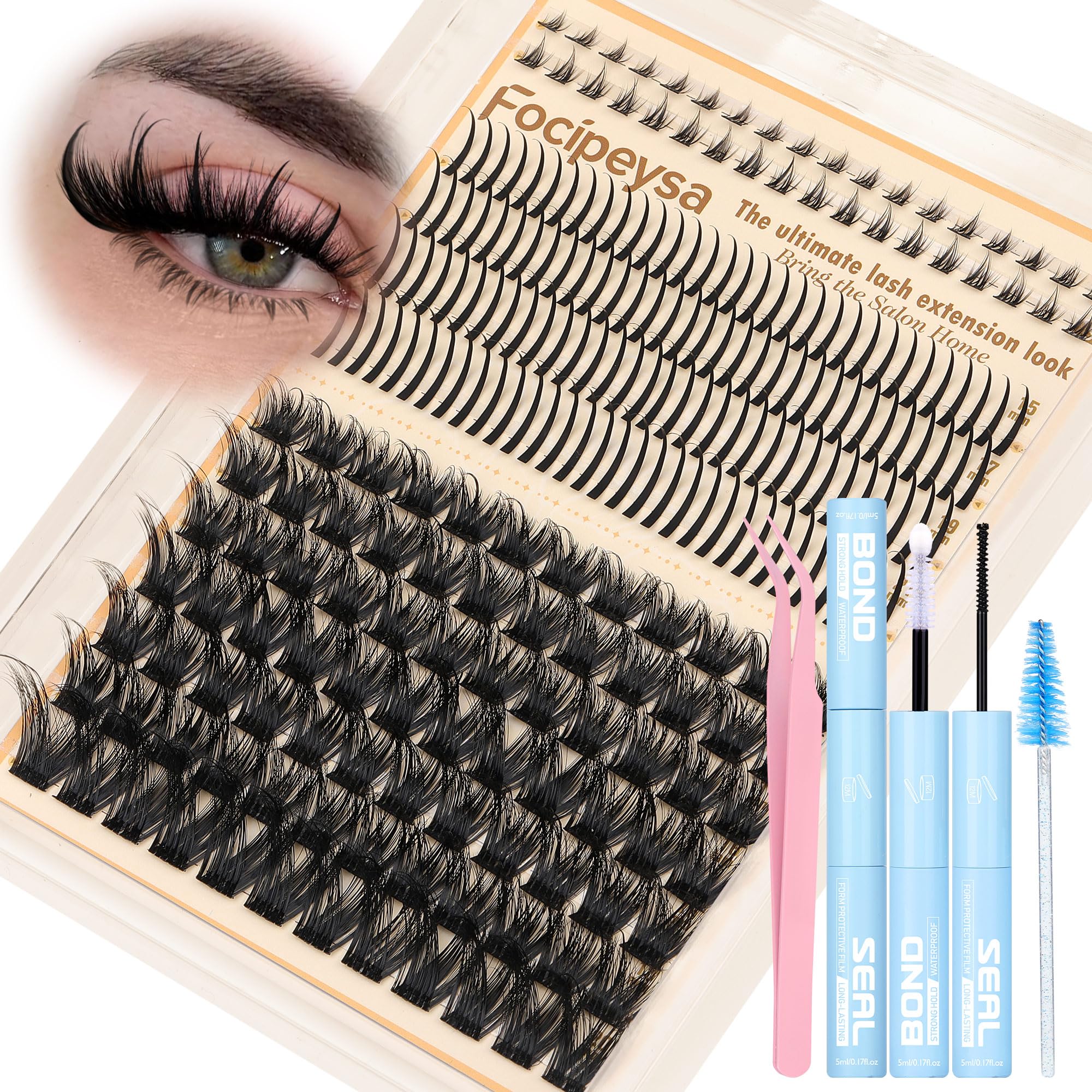 Kit Focipeysa clusters cils plumés 12-20 mm pour volume naturel