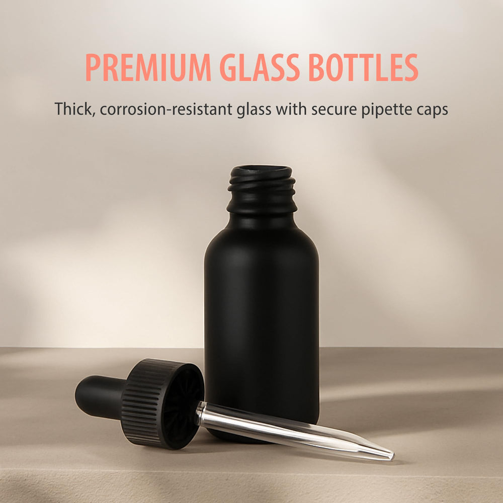 Focus Nutrition: bouchon compte-gouttes noir sur bouteille en verre 1 oz, parfait pour voyage.
