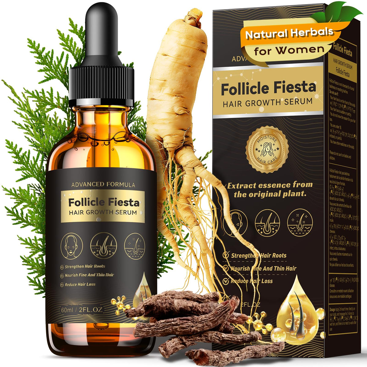 Folivive hair growth serum bottle highlighting fast-absorbing, non-greasy formula.